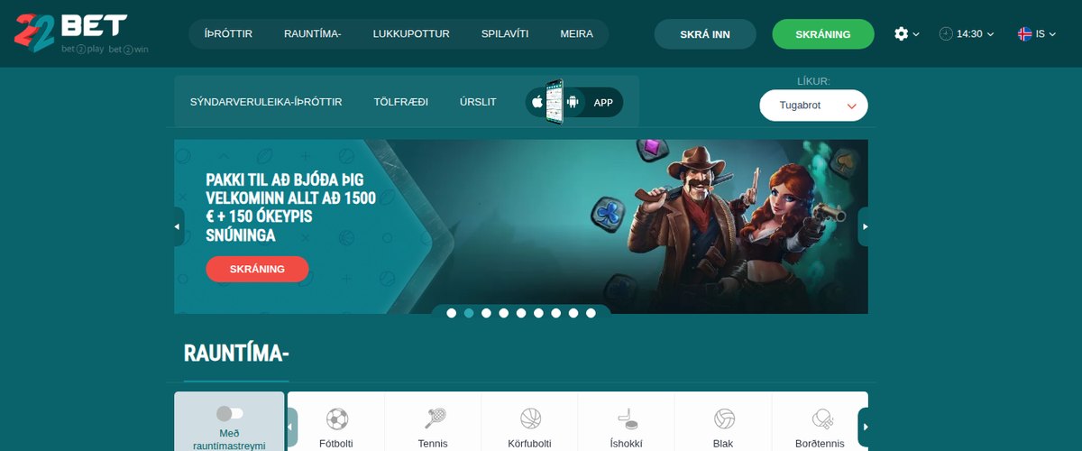 22Bet — skjáskot af vef rekstraraðilans, 18. september 2026